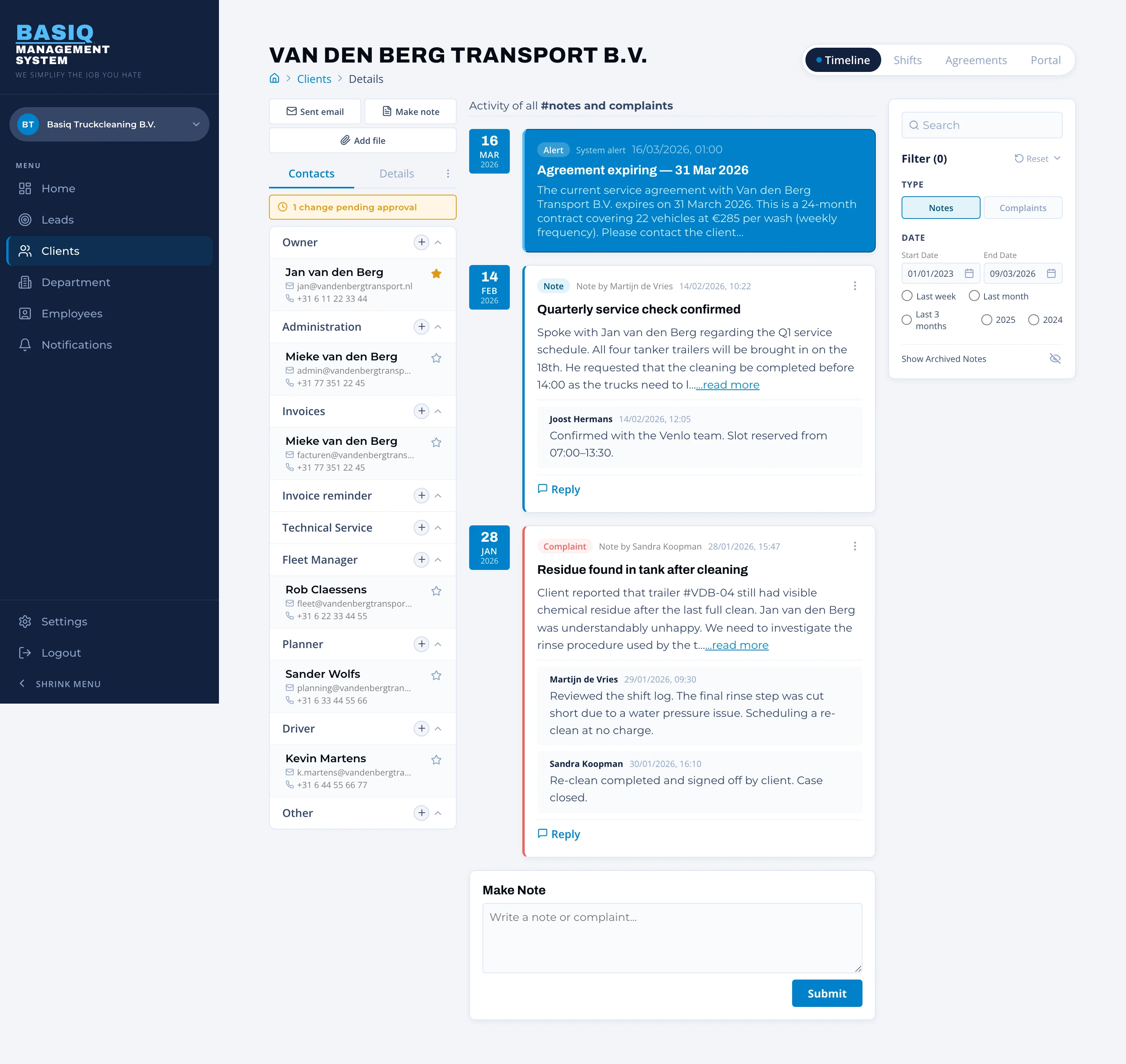 Client record: contacts and activity
