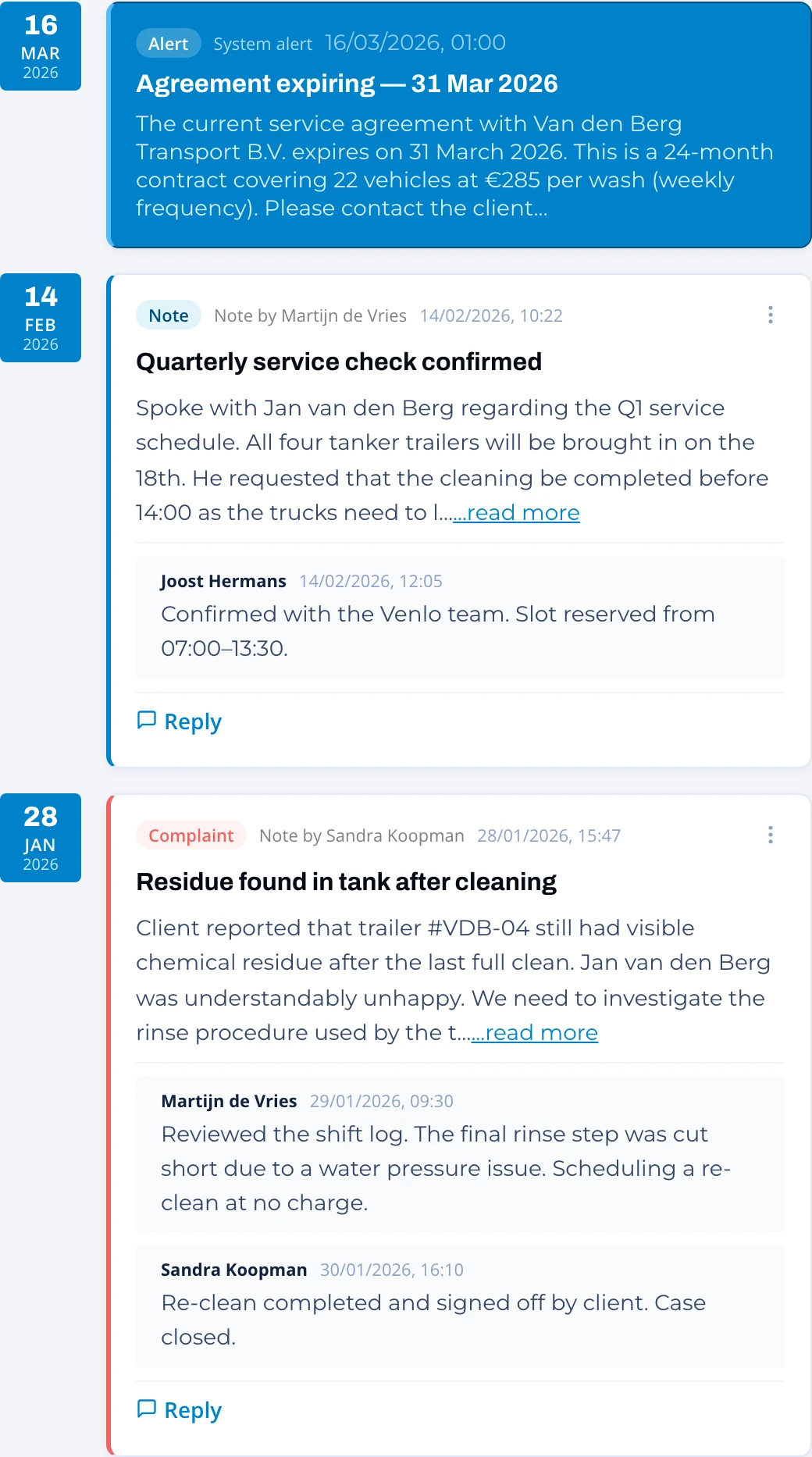 Client timeline: alerts, notes and complaints