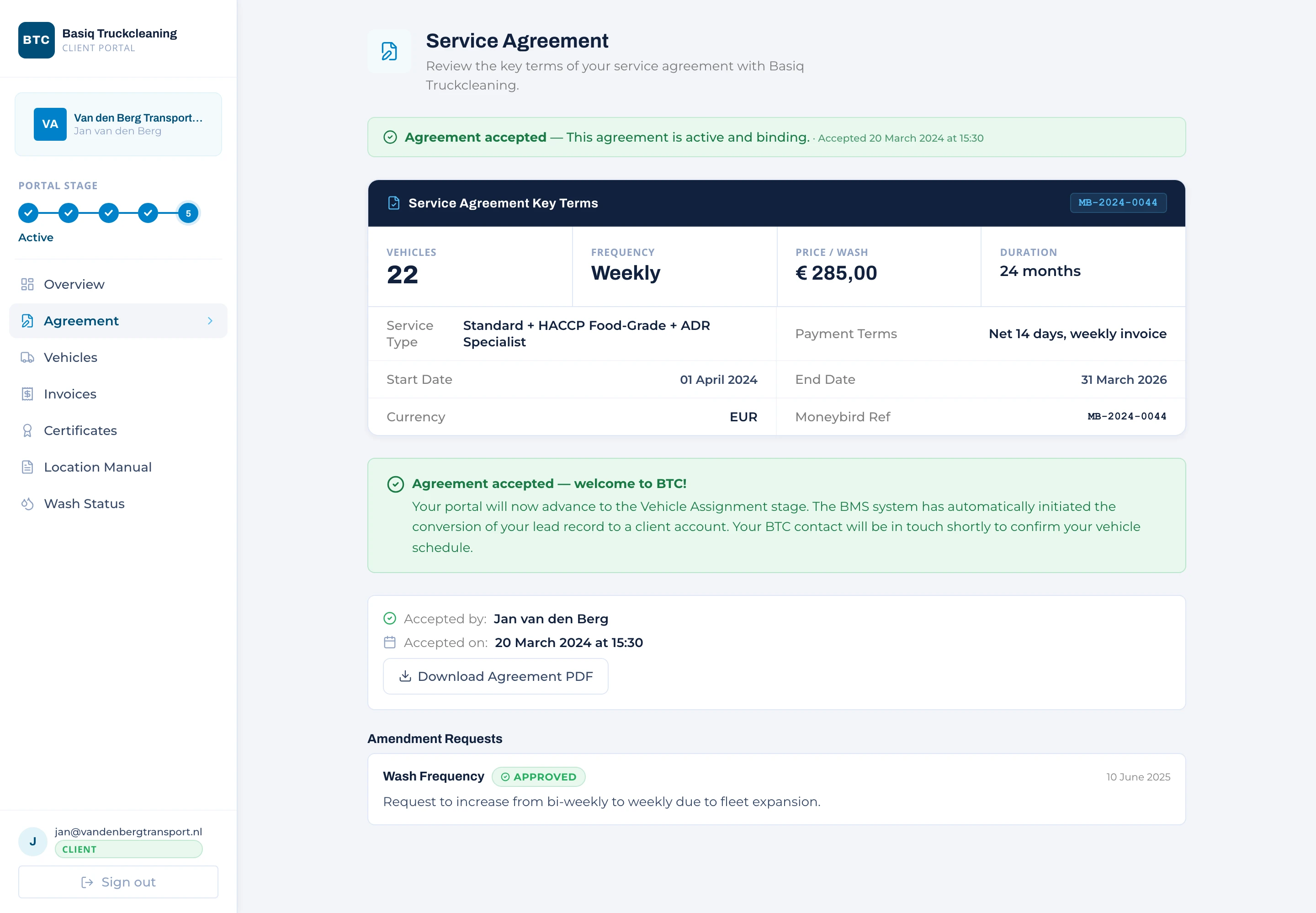 Service agreement in the portal