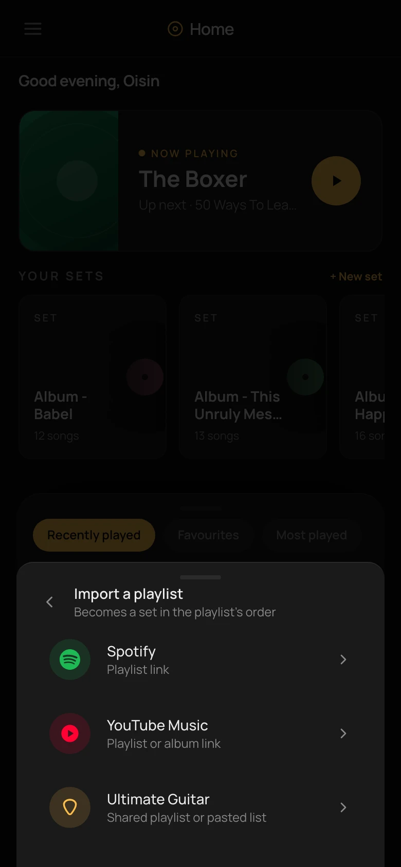 Import a playlist — Spotify, YouTube, Ultimate Guitar
